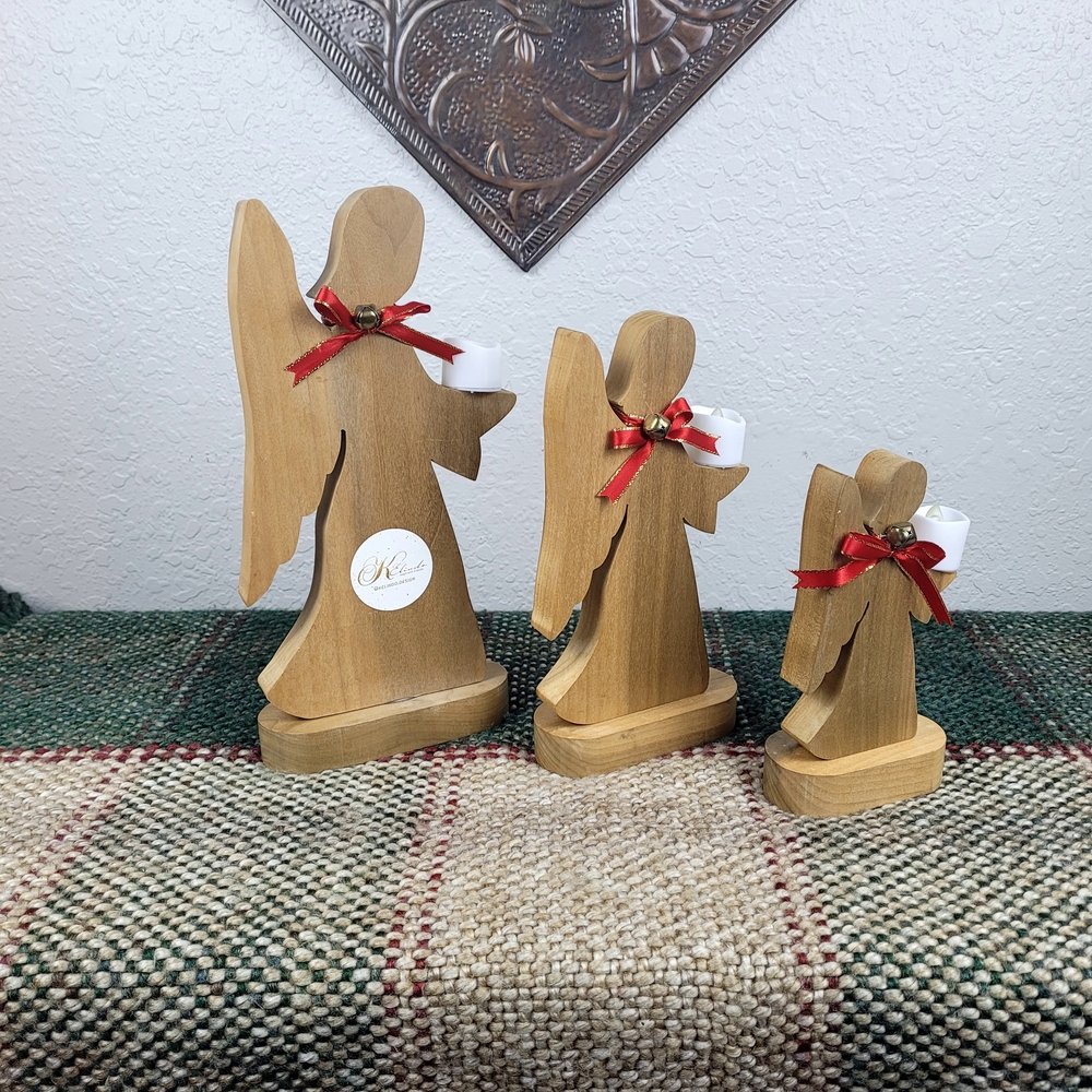 Wooden Angel Candle Holders with Red Accents